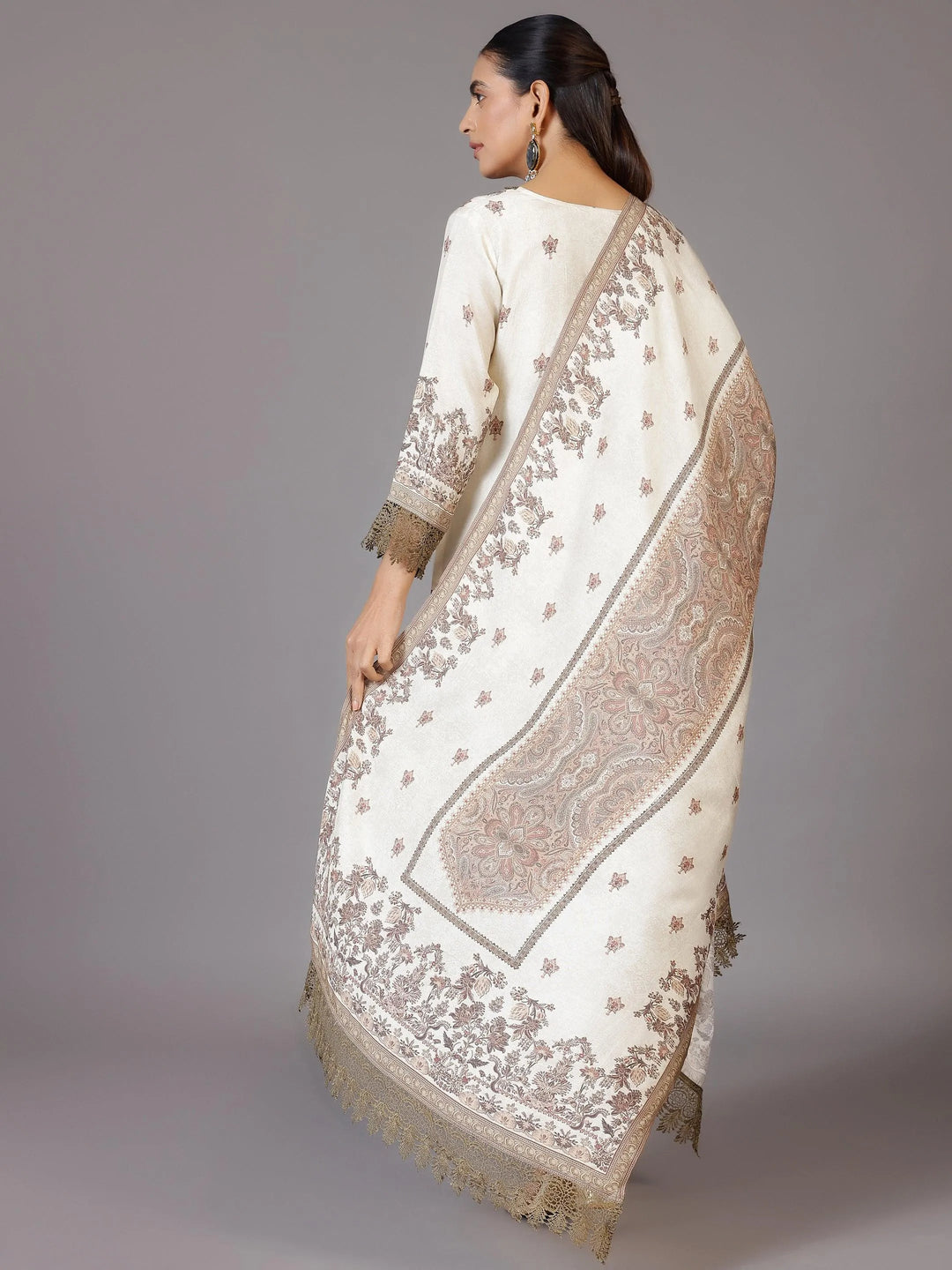 Beige Printed Silk Blend Straight Suit With Dupatta - Libas