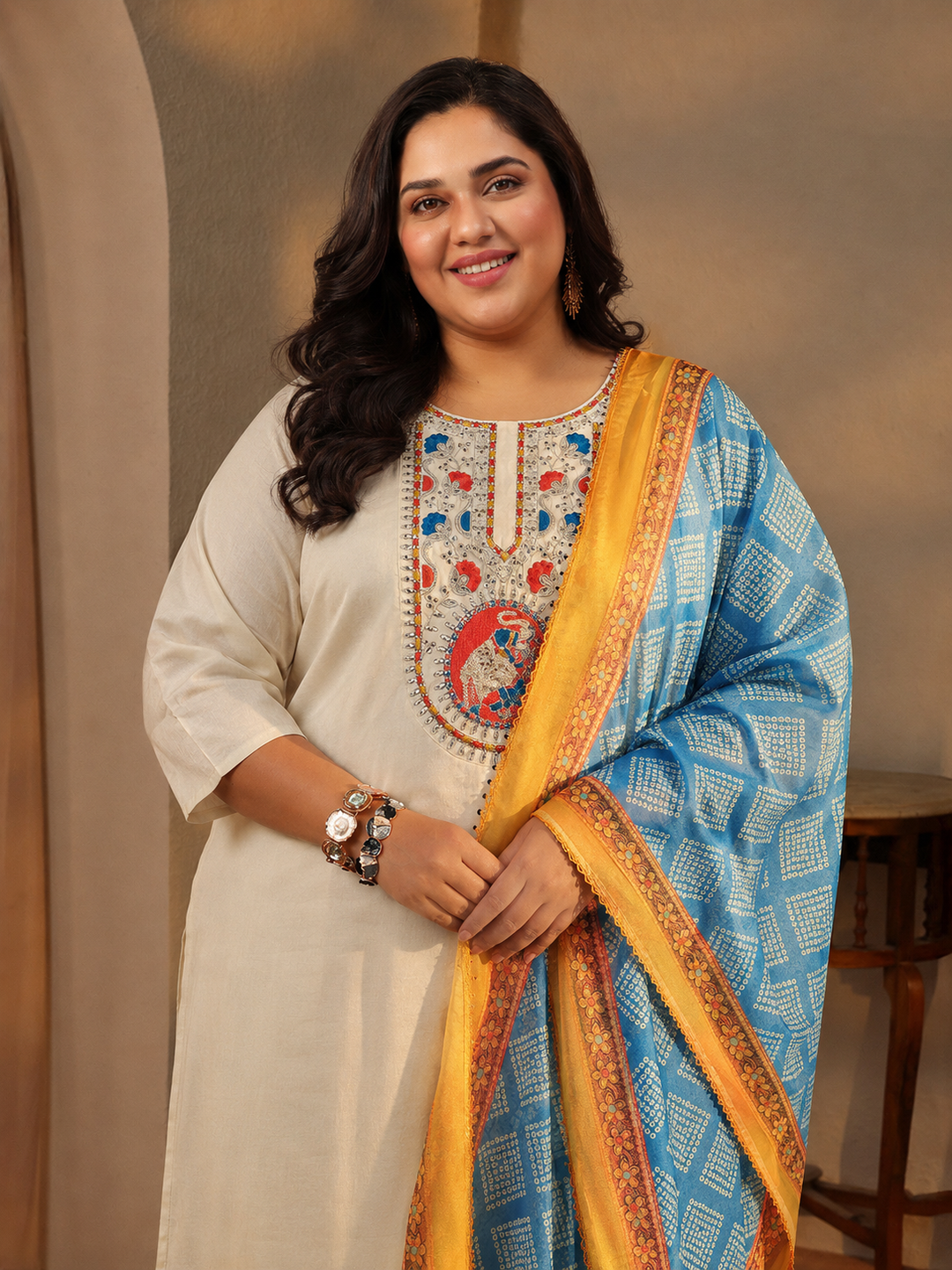  Plus Size Off White Ethnic Motif Printed Chanderi Silk Straight Suit Set 
