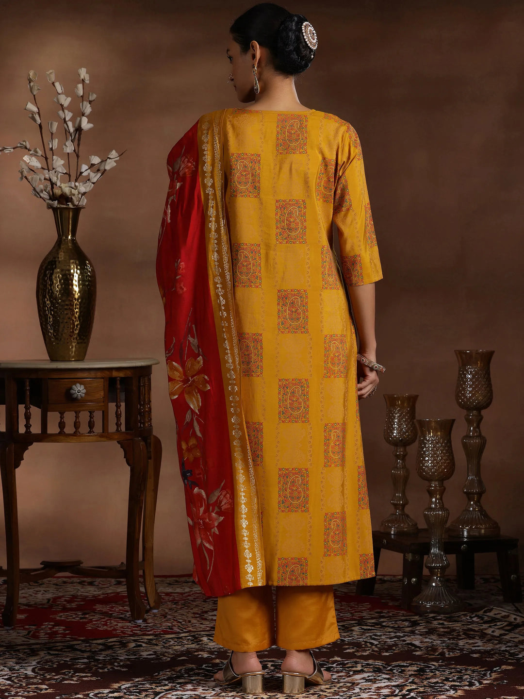  Mustard Printed Silk Blend Straight Suit With Dupatta 