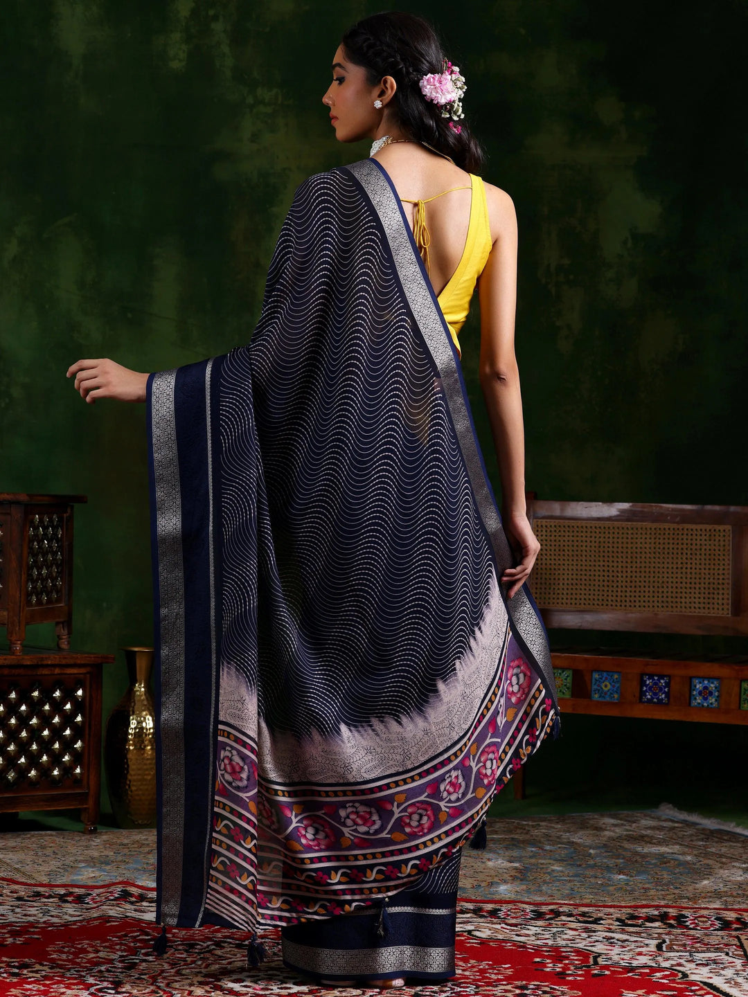 Blue Printed Silk Blend Saree With Unstitched Blouse Piece - Libas 