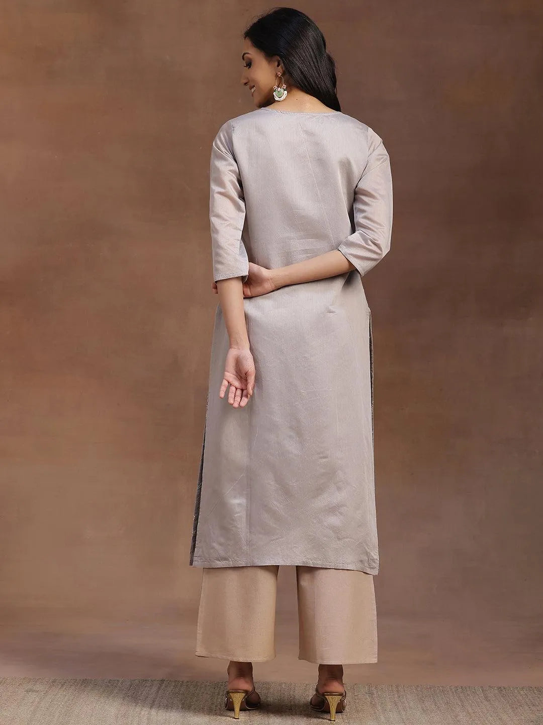Grey Embroidered Chanderi Silk Straight Kurta - Libas 
