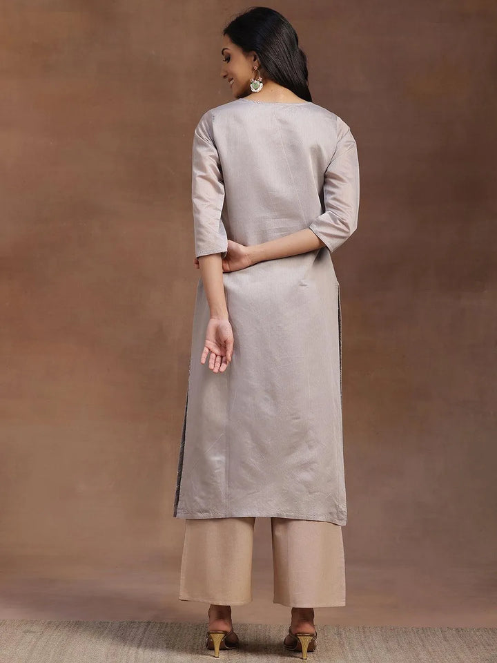 Grey Embroidered Chanderi Silk Straight Kurta - Libas