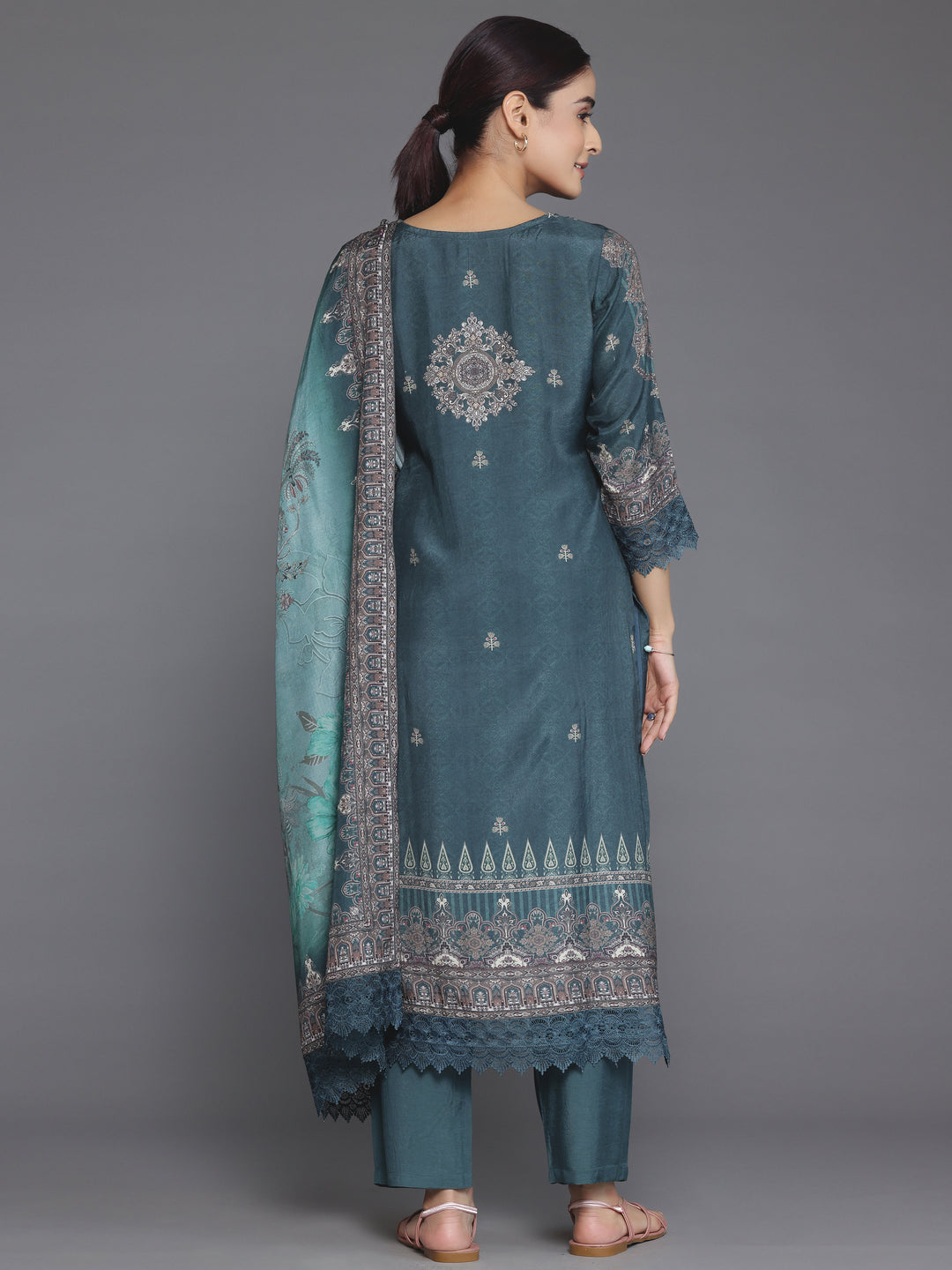  Green Printed Silk Blend Straight Suit Set With Dupatta 