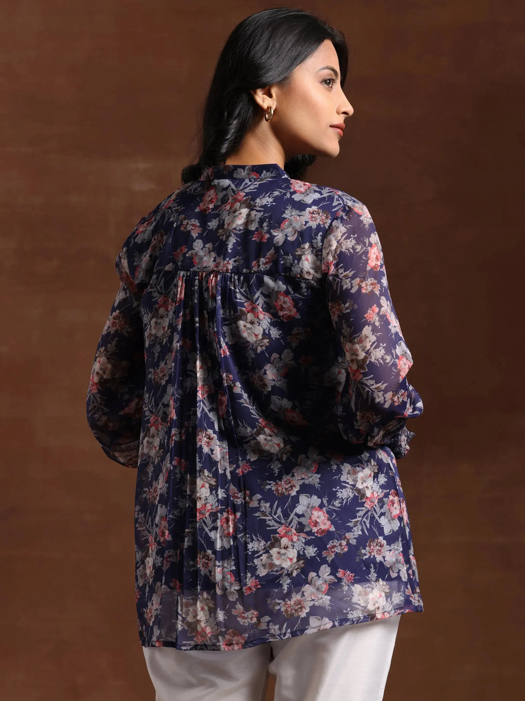  Blue Printed Poly Chiffon A-Line Kurti 
