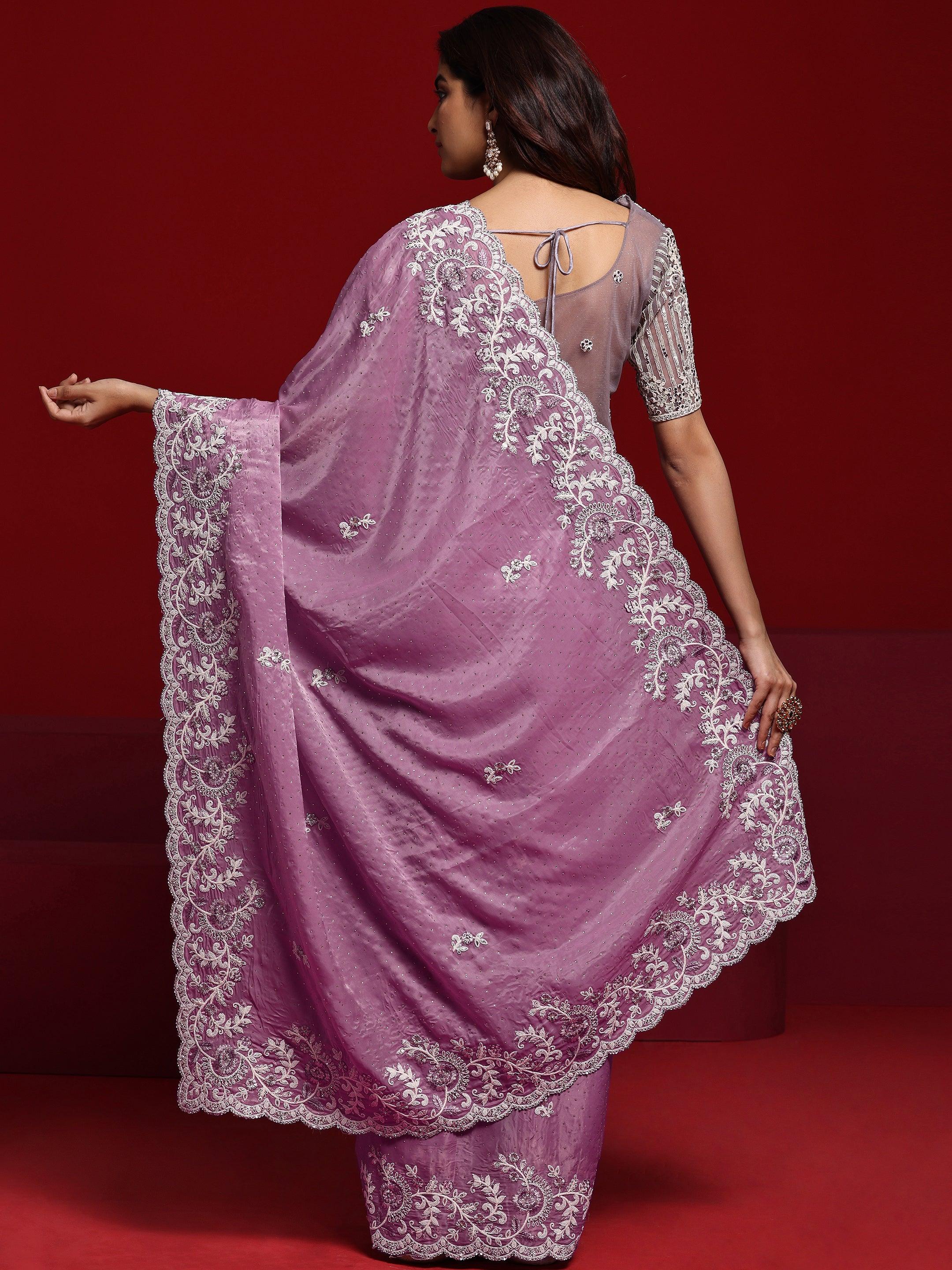 Libas Art Lavender Embroidered Tissue Saree With Unstitched Blouse Piece