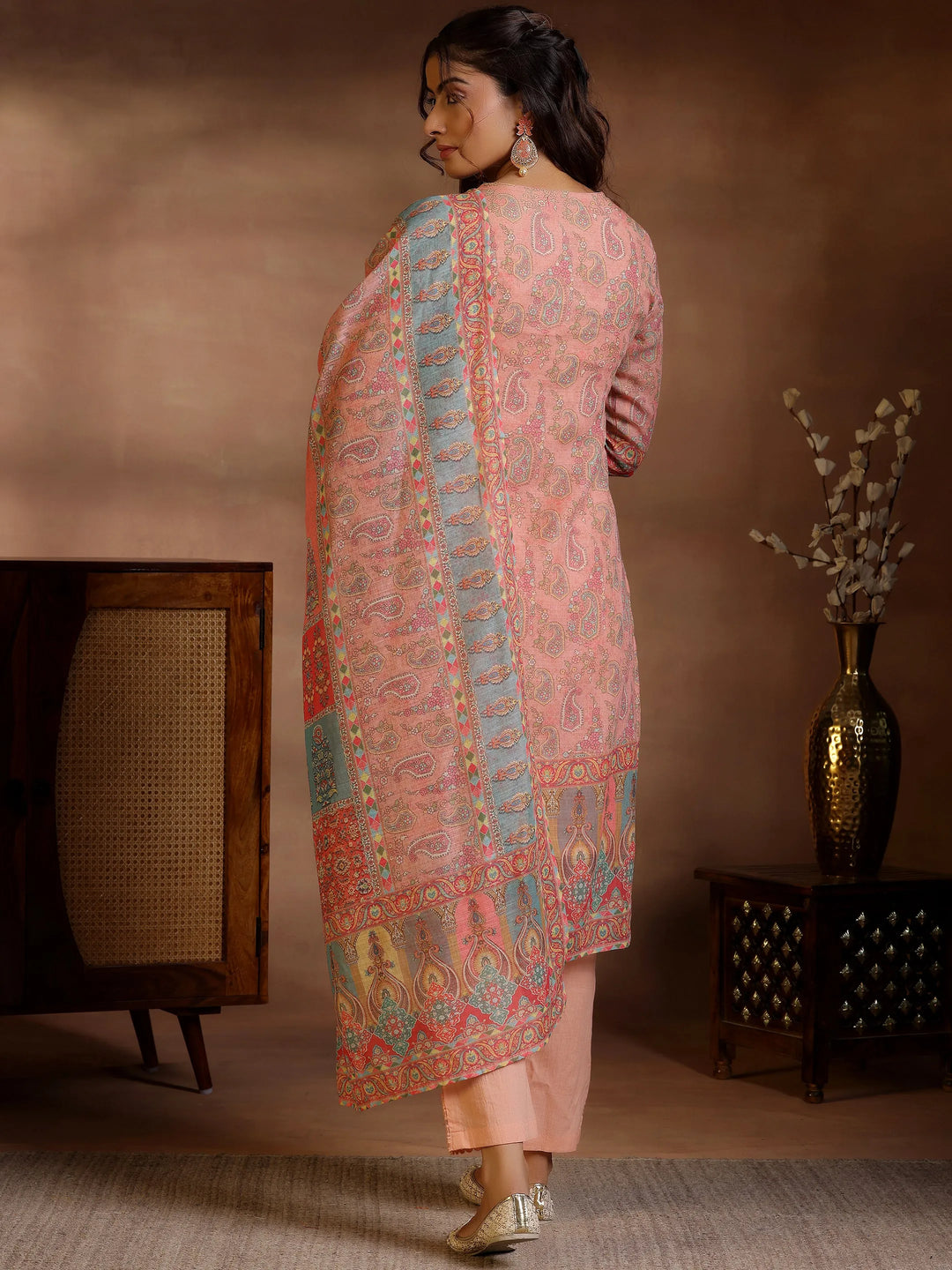  Peach Printed Cotton Blend Straight Suit With Dupatta 