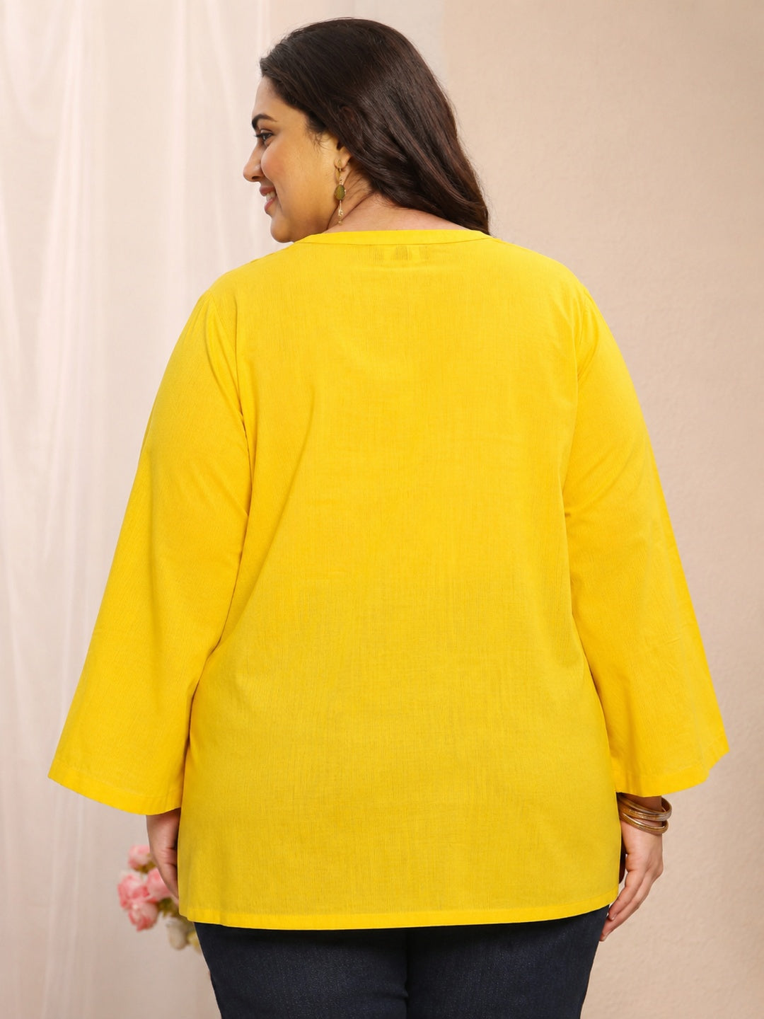  Plus Size Yellow Solid Cotton Blend Straight Short Kurti 