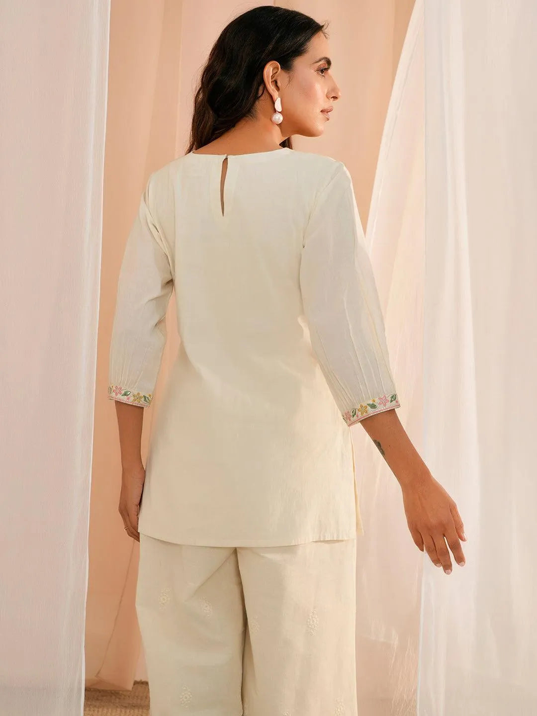Off White Yoke Design Cotton Straight Kurti - Libas 