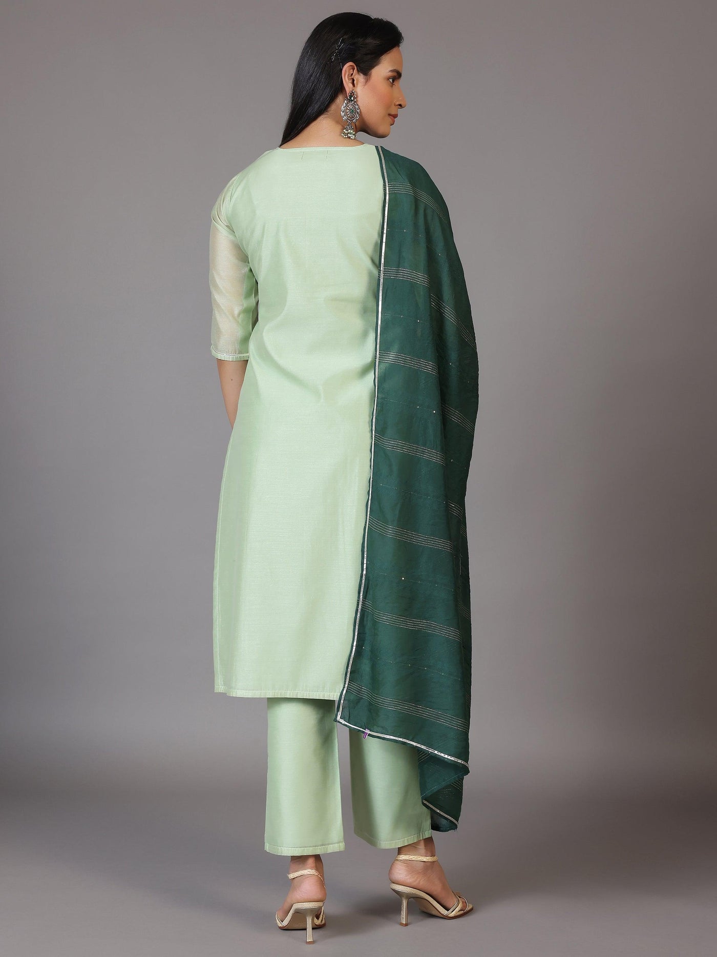 Green Yoke Design Chanderi Silk Straight Kurta With Trousers & Dupatta - Libas