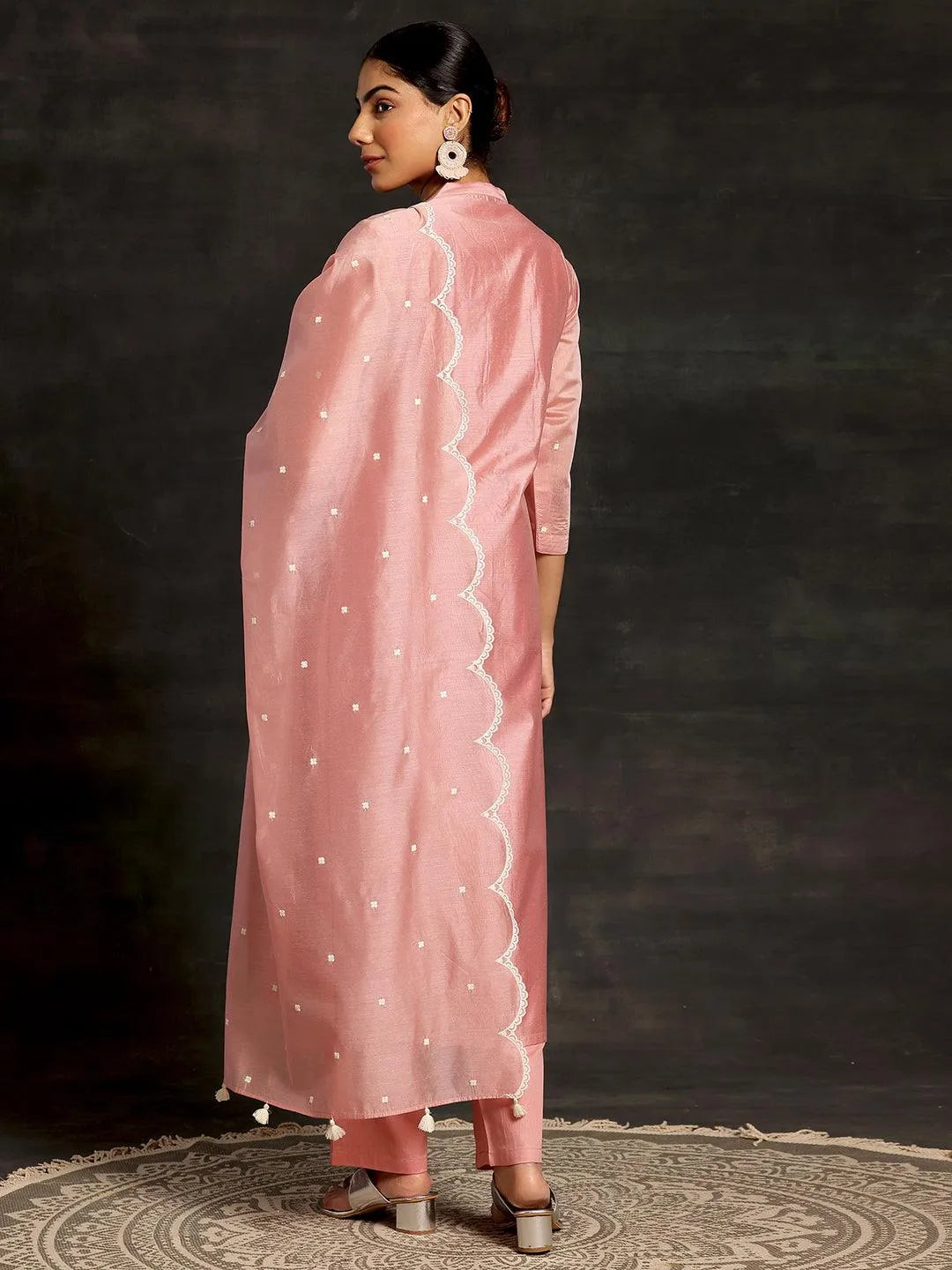 Peach Embroidered Chanderi Silk Straight Suit With Dupatta - Libas 
