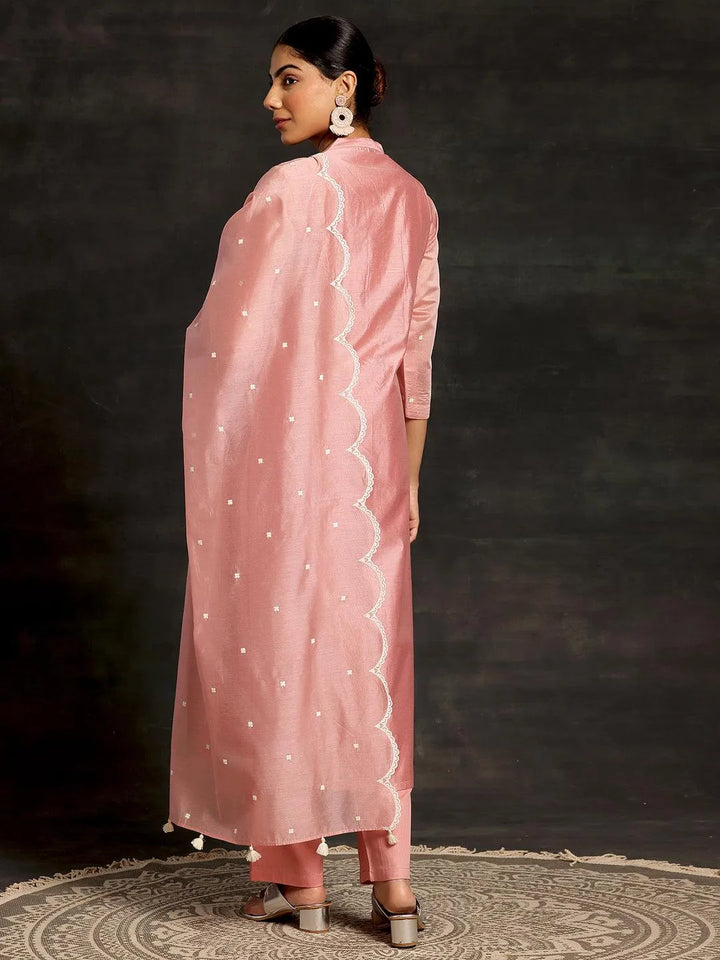 Peach Embroidered Chanderi Silk Straight Suit With Dupatta - Libas