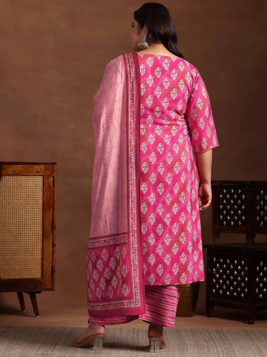  Plus Size Pink Printed Silk Blend Straight Suit With Dupatta 
