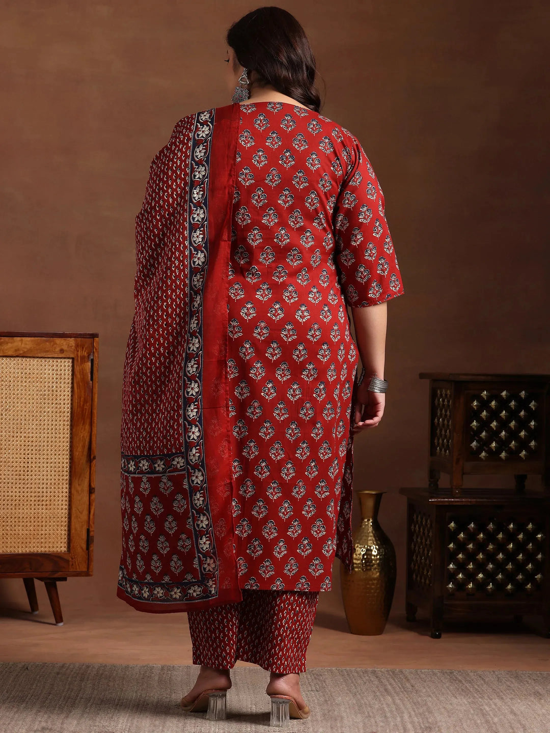  Plus Size Rust Printed Cotton Straight Suit With Dupatta 