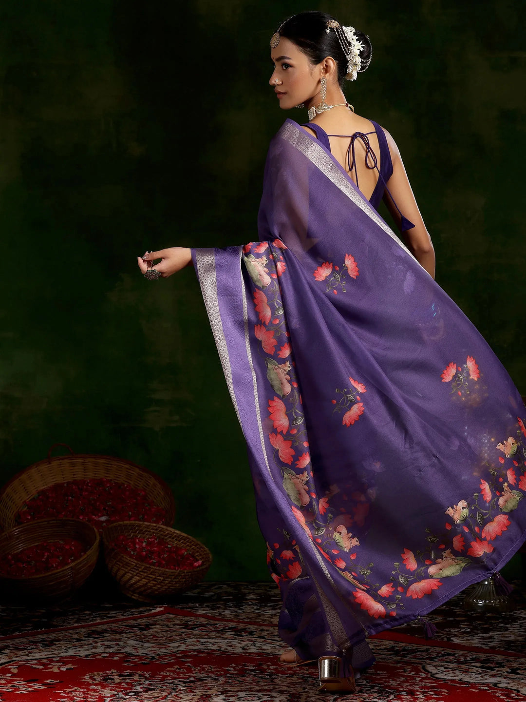  Purple Printed Silk Blend Saree With Unstitched Blouse Piece 