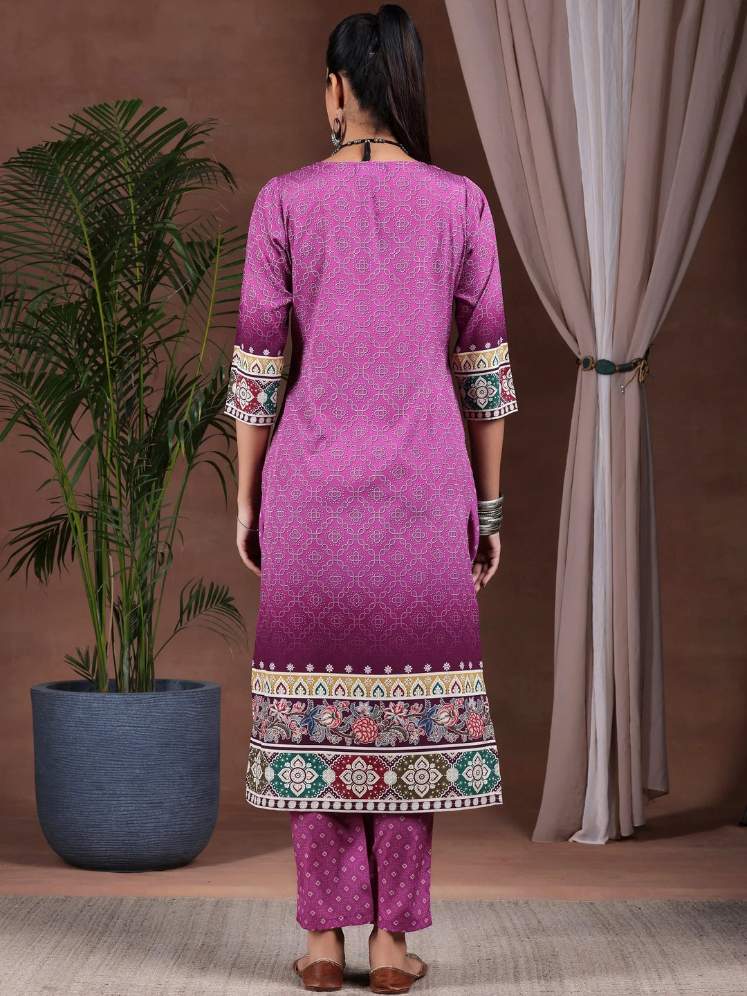  Wine Printed Poly Crepe Straight Kurta Set 