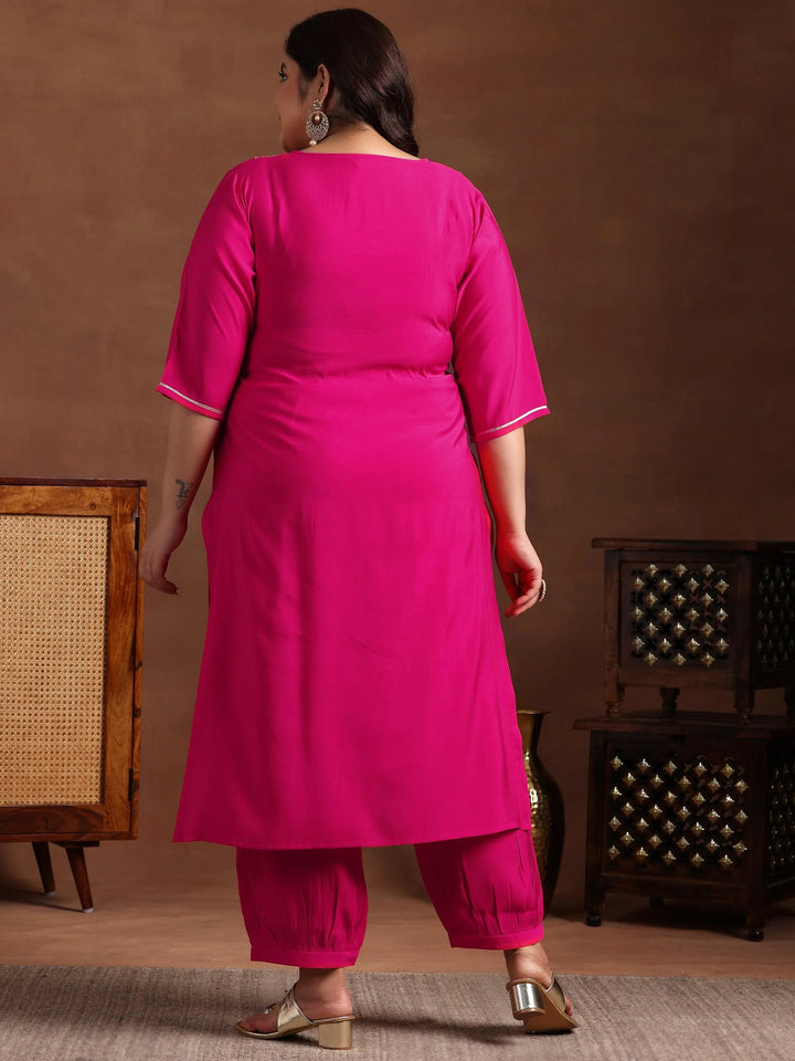 Plus Size Pink Yoke Design Silk Blend Straight Kurta Set - Libas