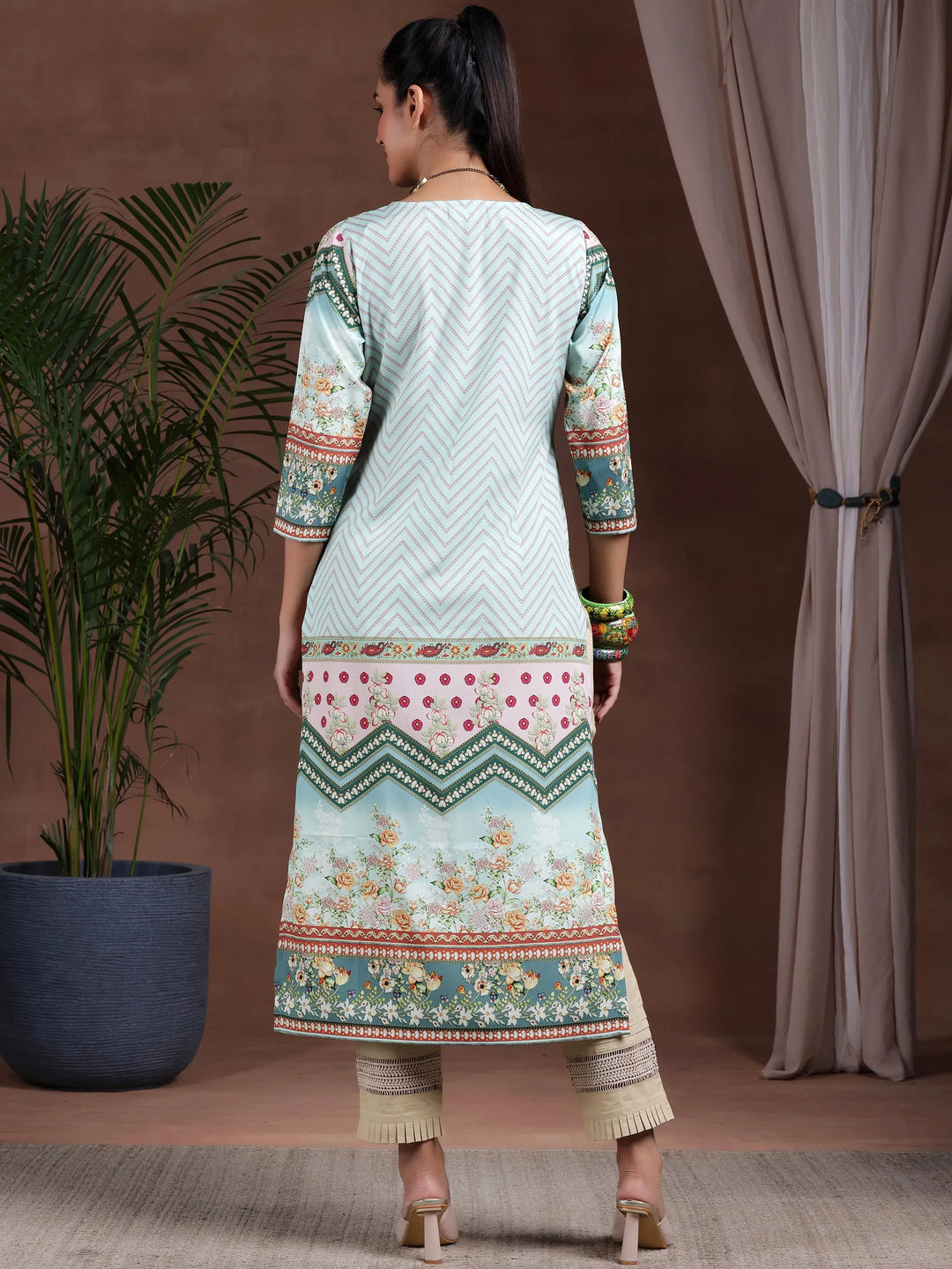  Sea Green Printed Crepe Straight Kurta 
