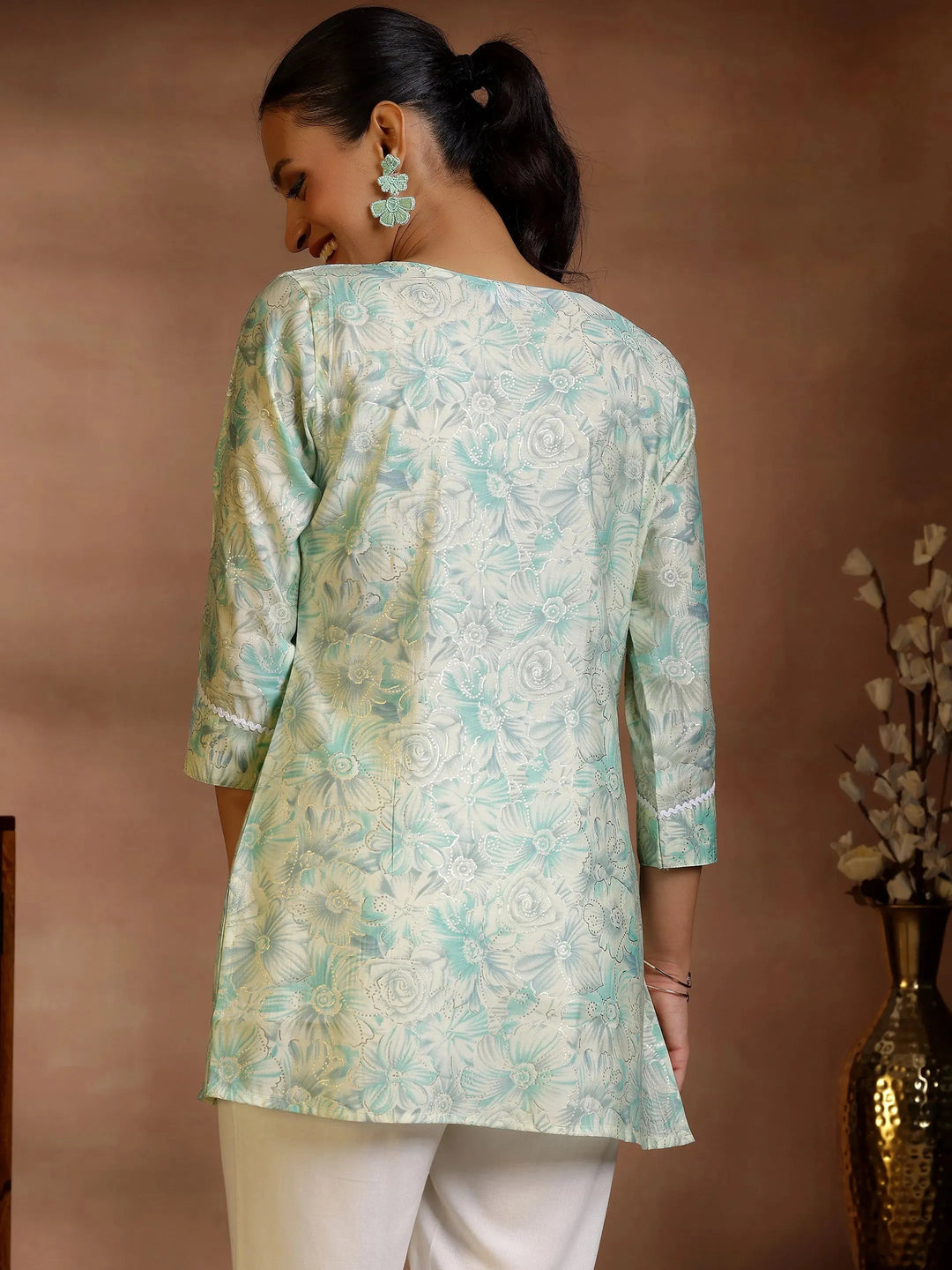  Green Printed Silk Blend Straight Kurti 