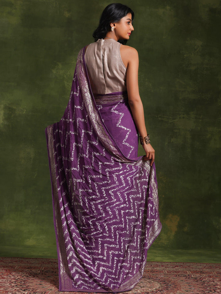 Lavender Printed Poly Georgette Saree With Unstitched Blouse Piece - Libas