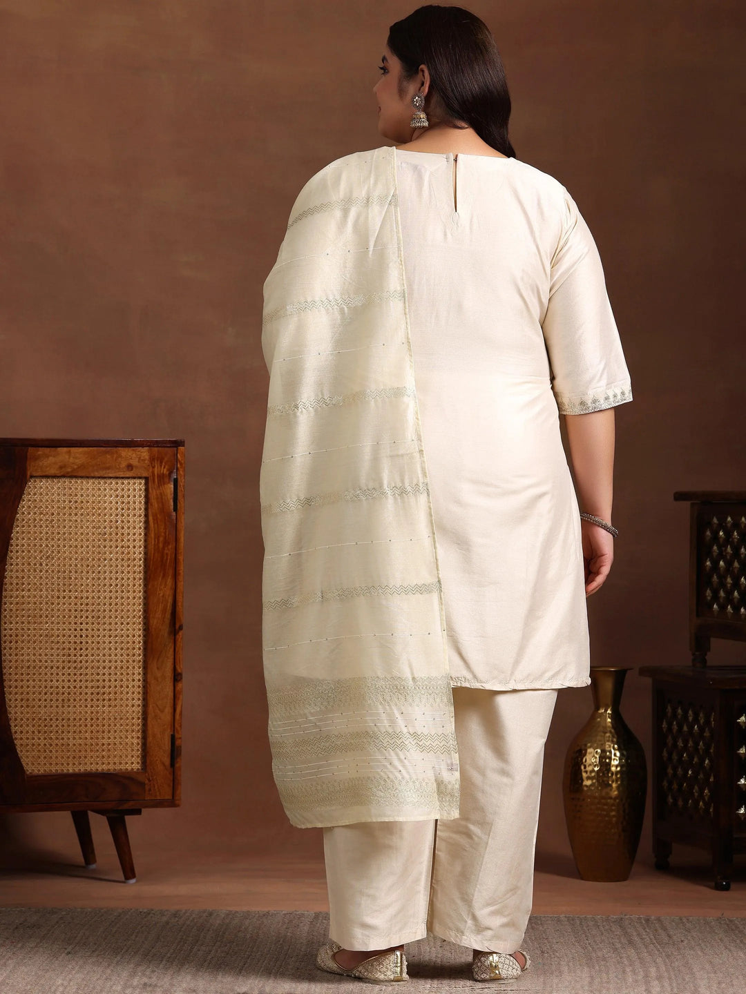 Plus Size Off White Yoke Design Silk Blend Straight Suit With Dupatta - Libas 