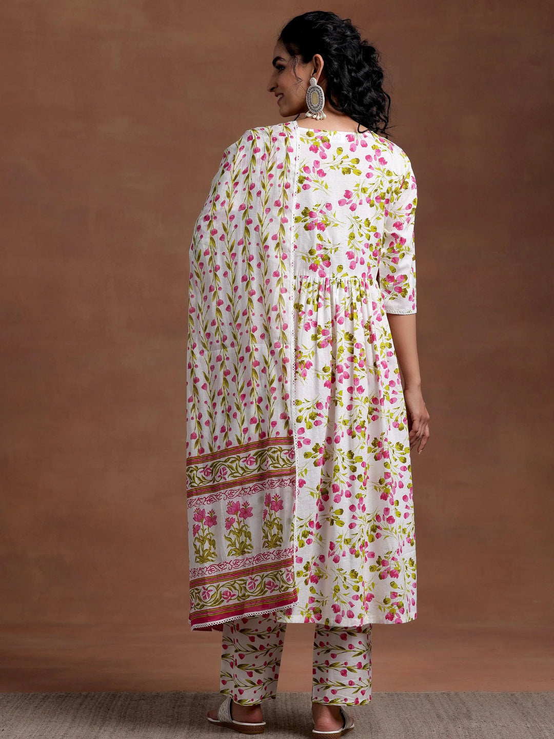 Off White Printed Cotton A-Line Kurta With Palazzos & Dupatta - Libas 