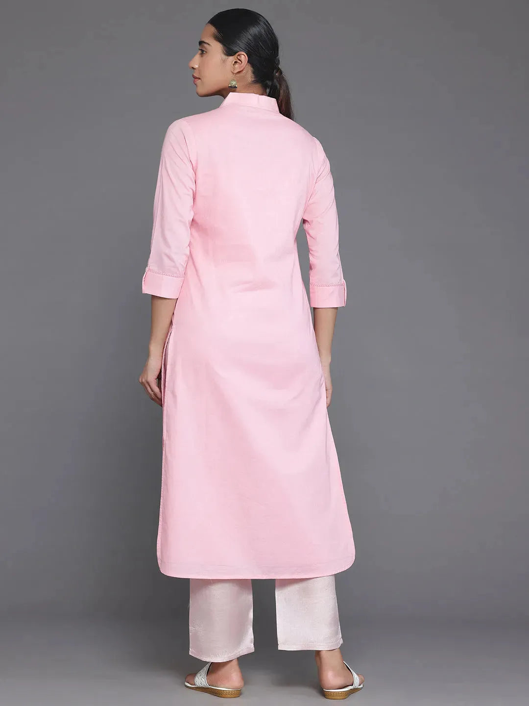  Pink Embroidered Cotton Straight Kurta 