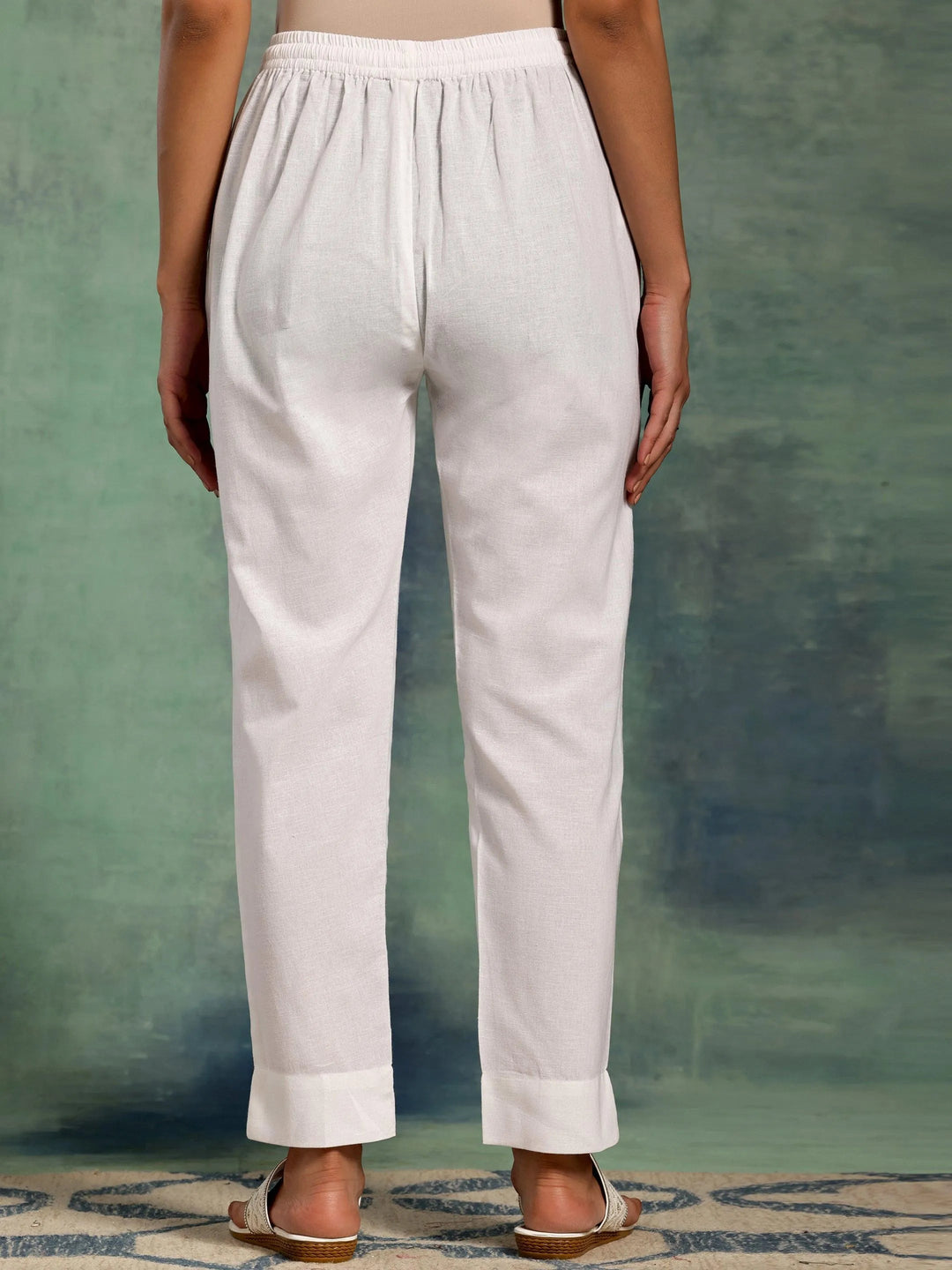 White Solid Cotton Straight Fit Trousers - Libas 