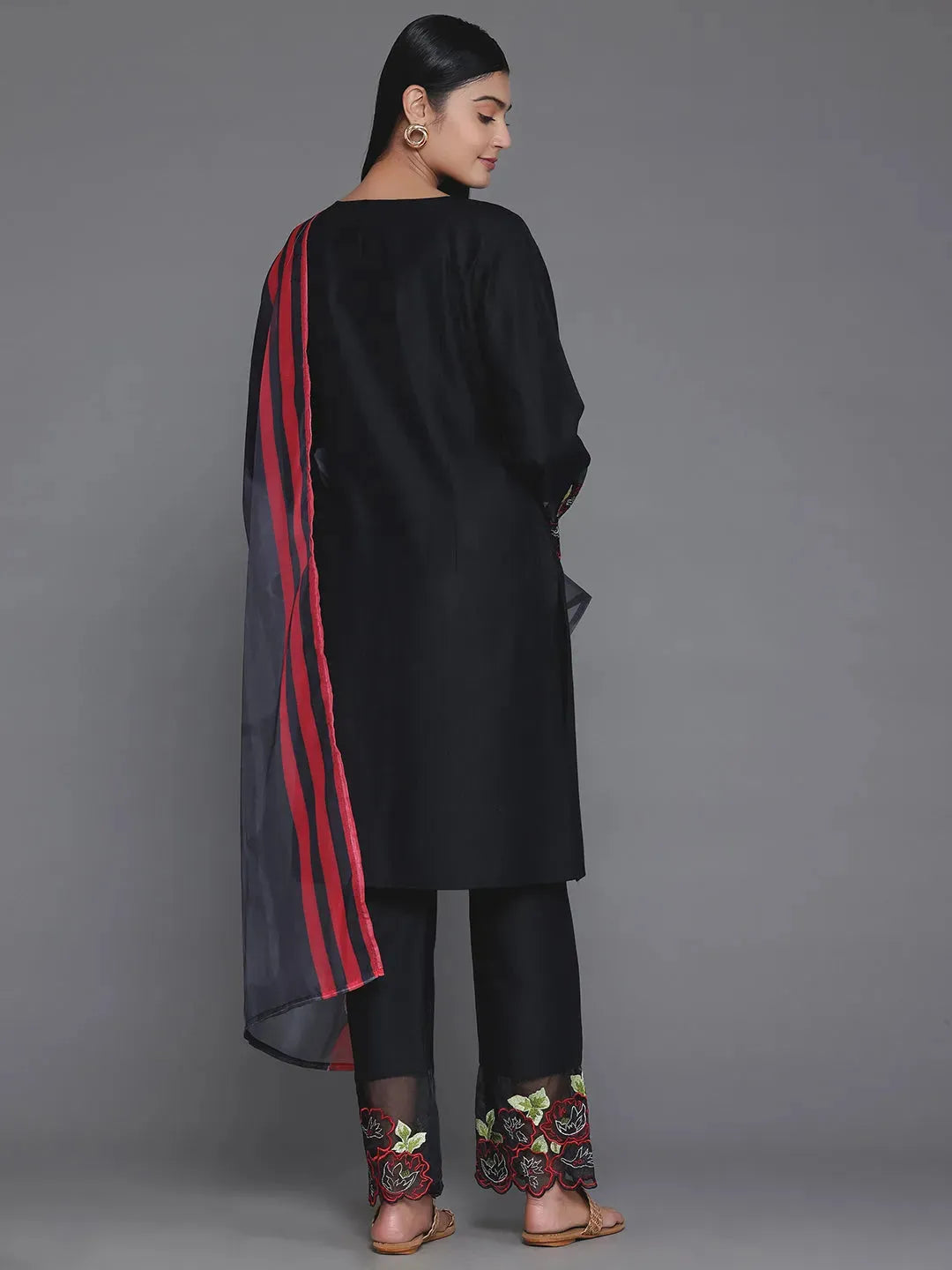  Black Solid Silk Blend Straight Suit With Dupatta 