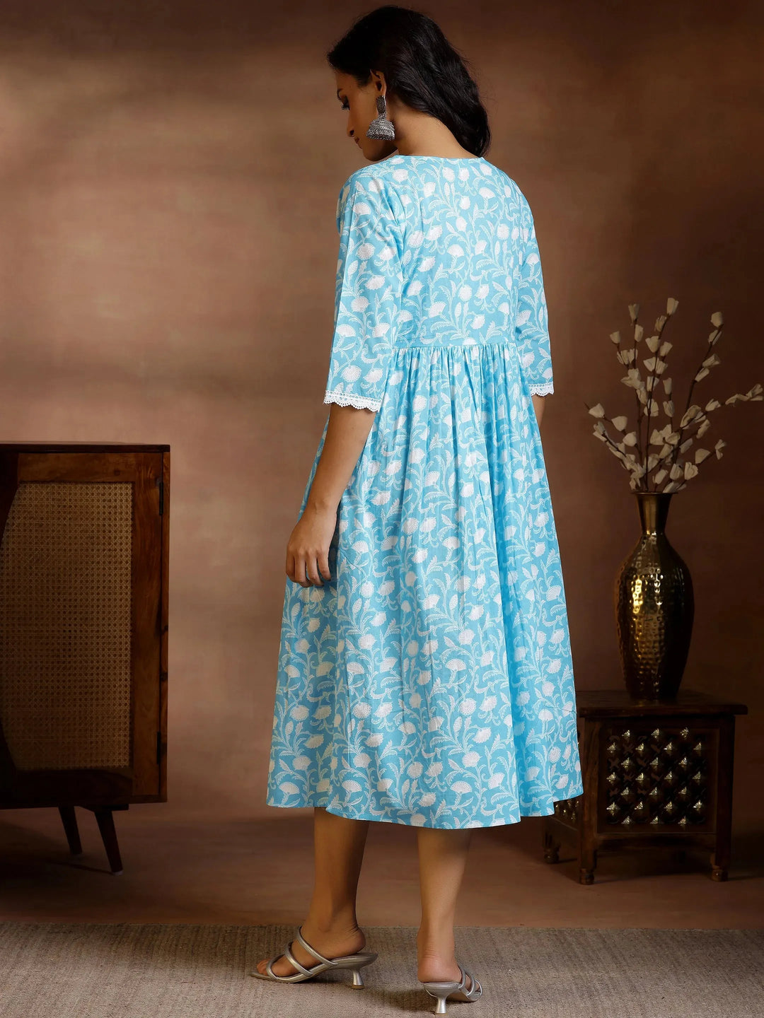 Blue Printed Cotton Fit and Flare Dress 