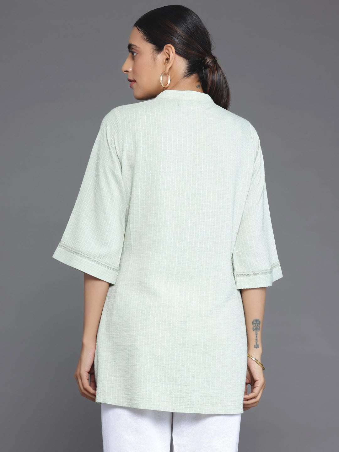  Green Woven Design Cotton Blend Straight Kurti 