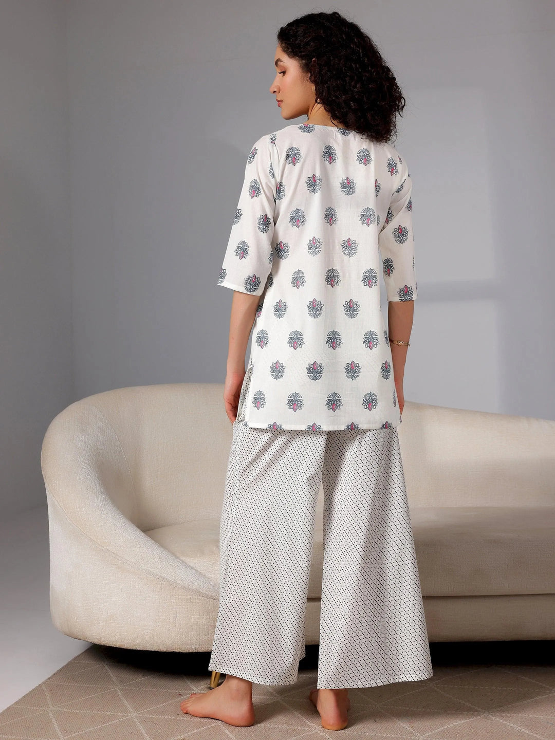 Cream Printed Cotton Night Suits - Libas 