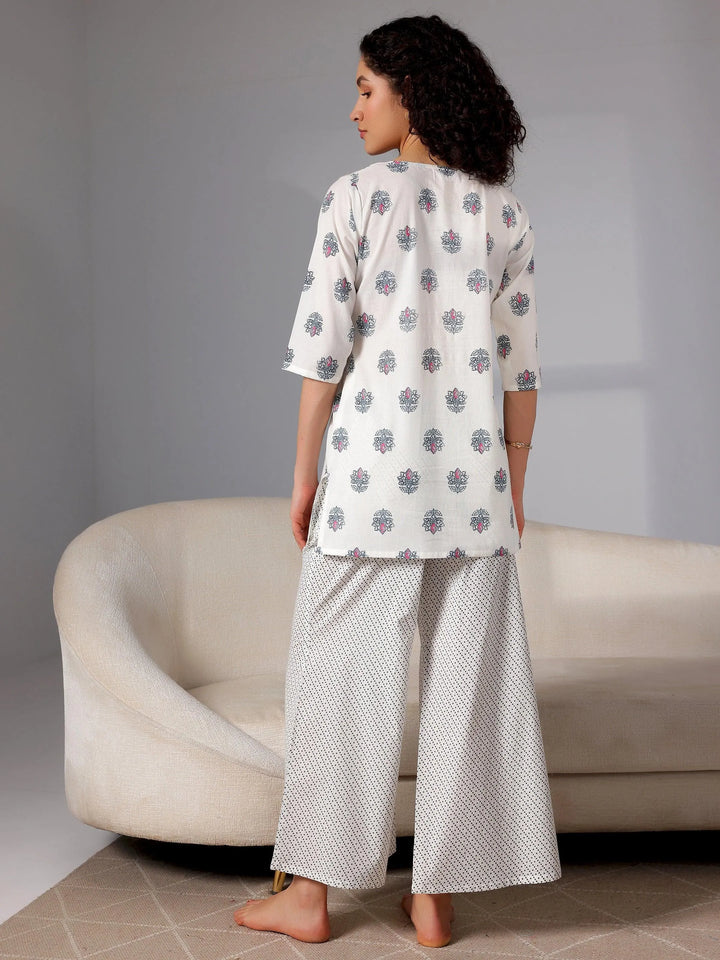 Cream Printed Cotton Night Suits - Libas