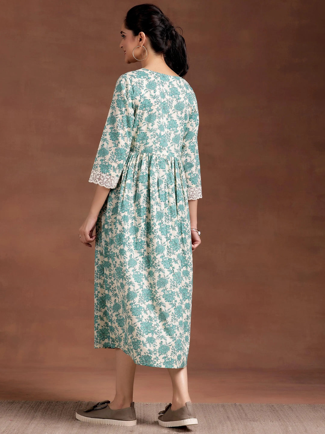 Beige Printed Cotton A-Line Dress - Libas 