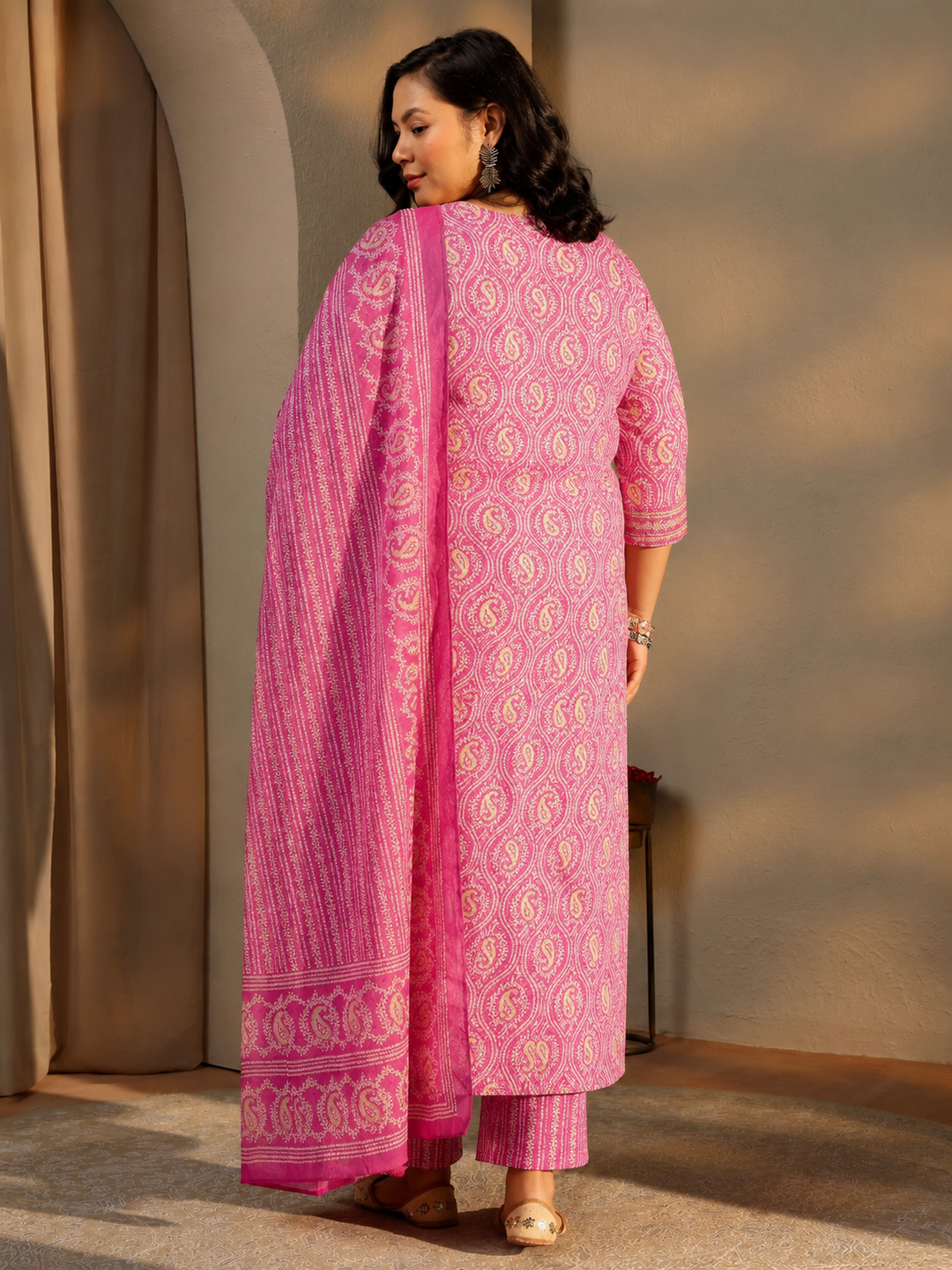  Plus Size Pink Paisley Printed Cotton A-Line Suit Set 