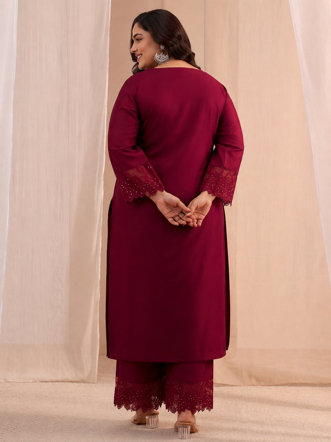  Plus Size Maroon Solid Silk Blend Straight Suit Set 