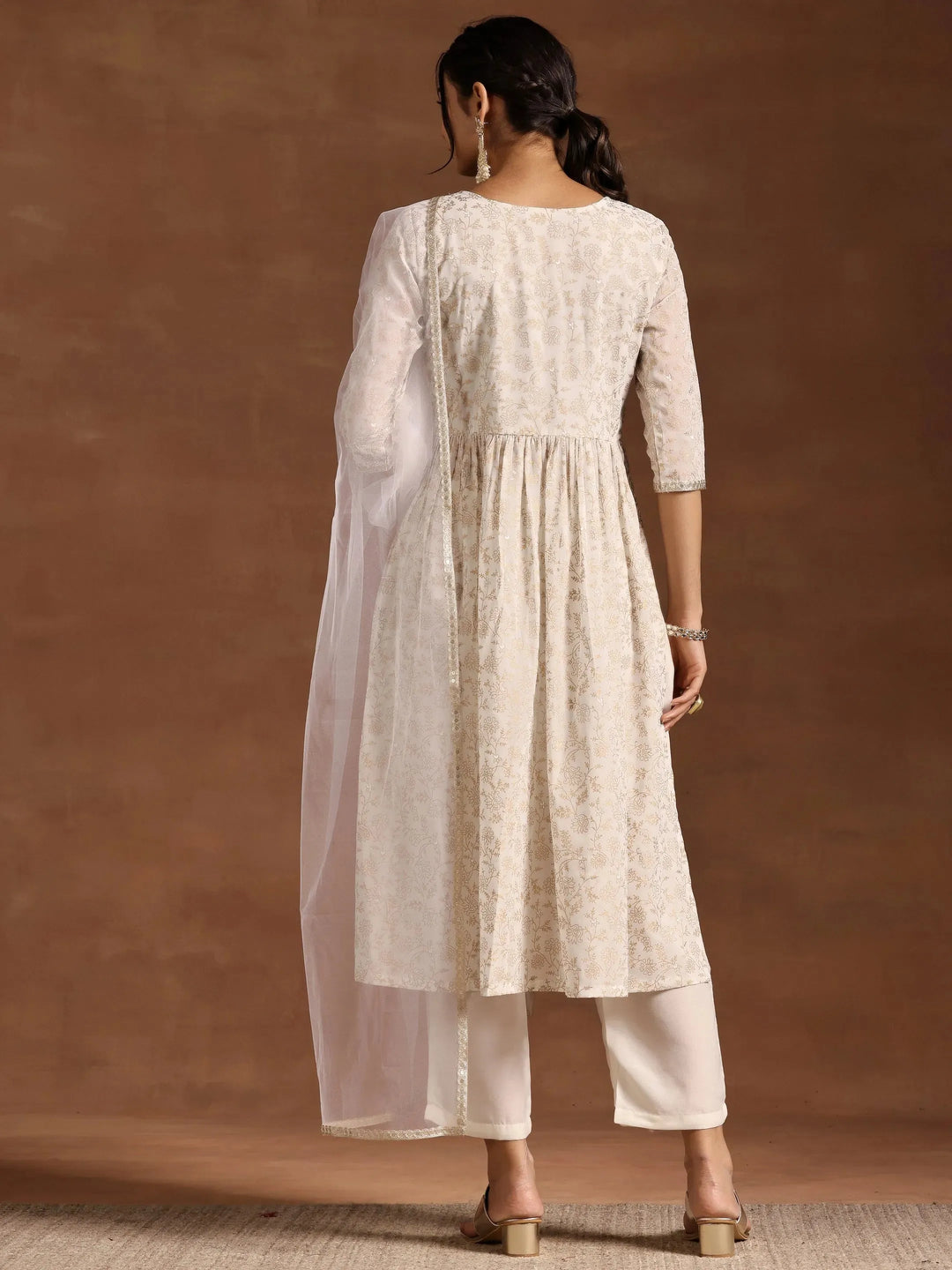  Off White Printed Georgette A-Line Suit With Dupatta 