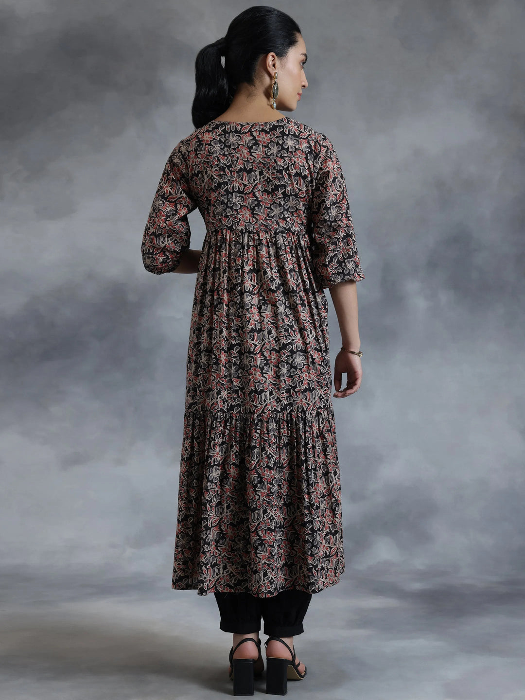  Black Printed Cotton A-Line Dress 