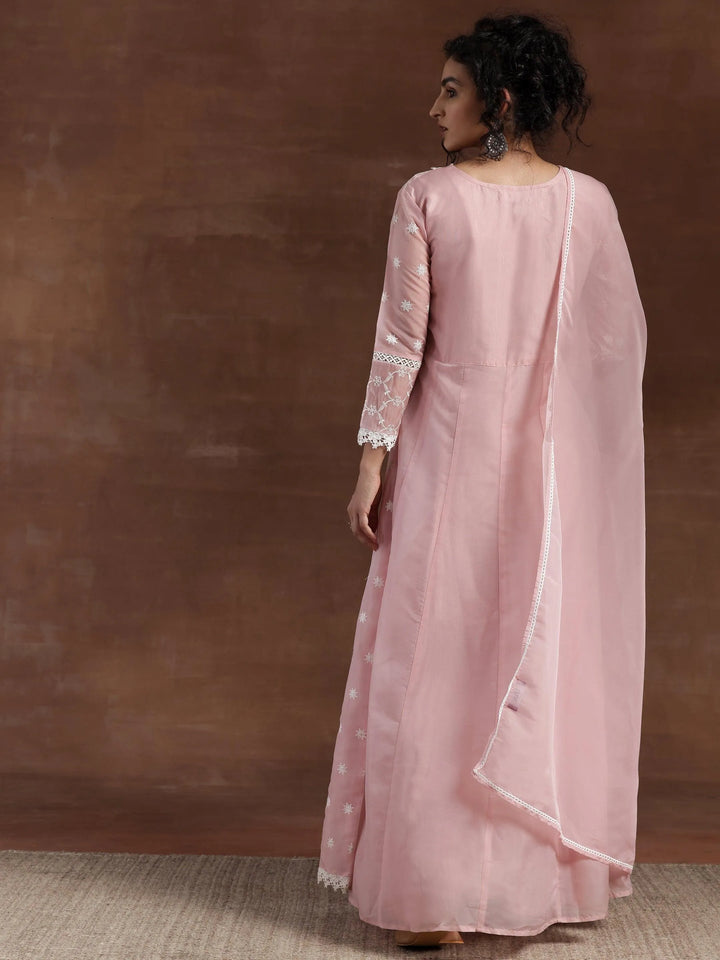 Pink Embroidered Organza A-Line Kurta With Palazzos & Dupatta - Libas