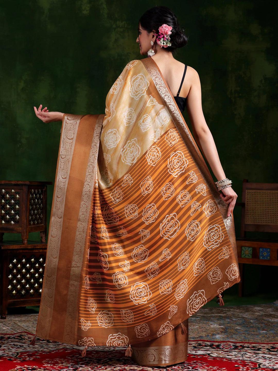 Brown Printed Silk Blend Saree With Unstitched Blouse Piece - Libas 