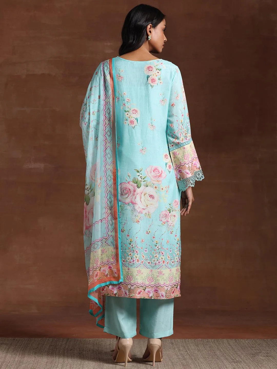 Turquoise Printed Silk Blend Straight Suit With Dupatta - Libas 