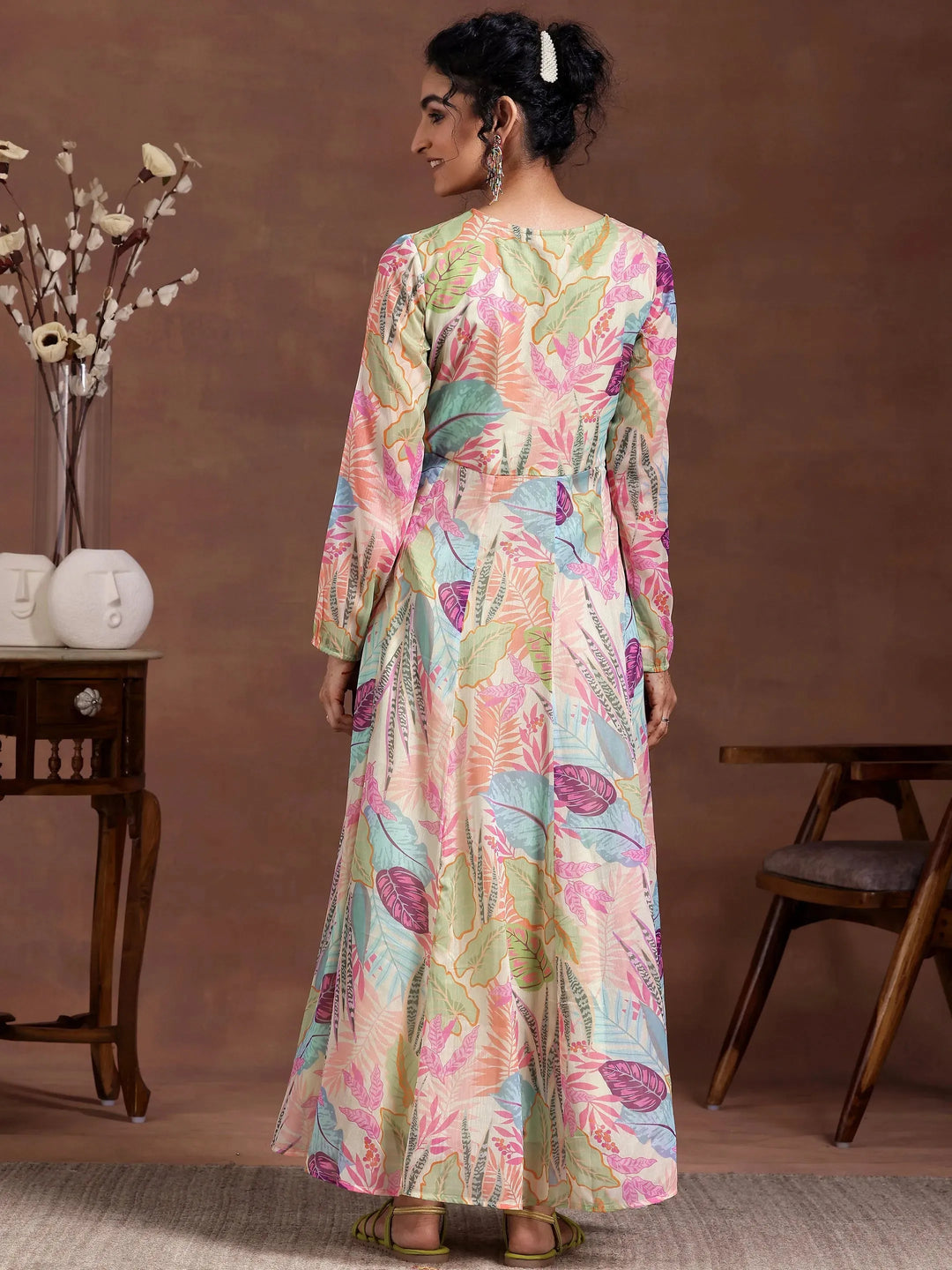 Green Printed Chiffon A-Line Dress 