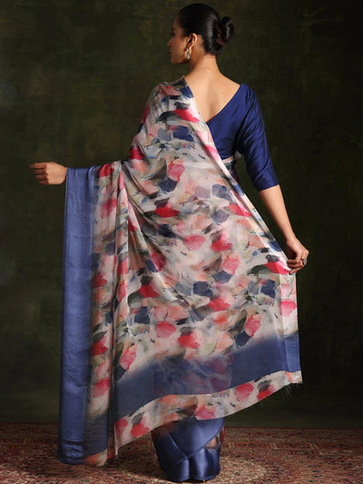 Multicoloured Printed Silk Blend Saree With Unstitched Blouse Piece - Libas