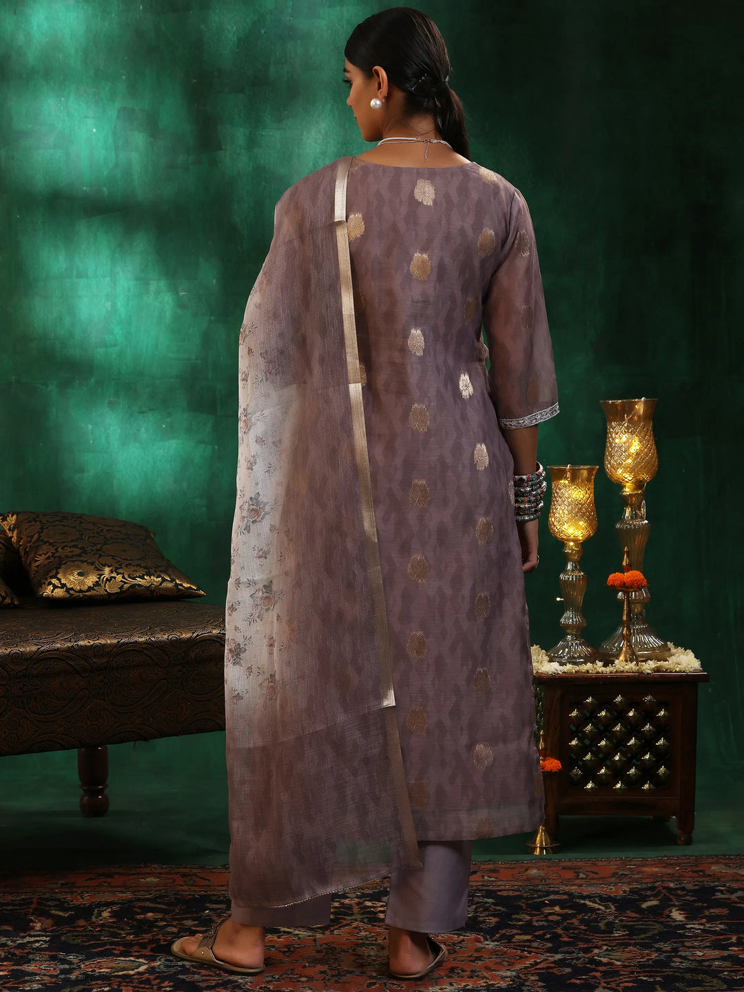  Brown Printed Silk Blend Straight Suit With Dupatta 