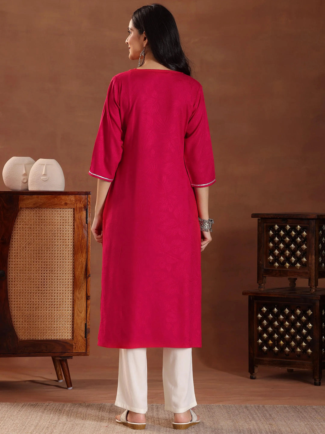 Pink Printed Rayon Straight Kurta - Libas 