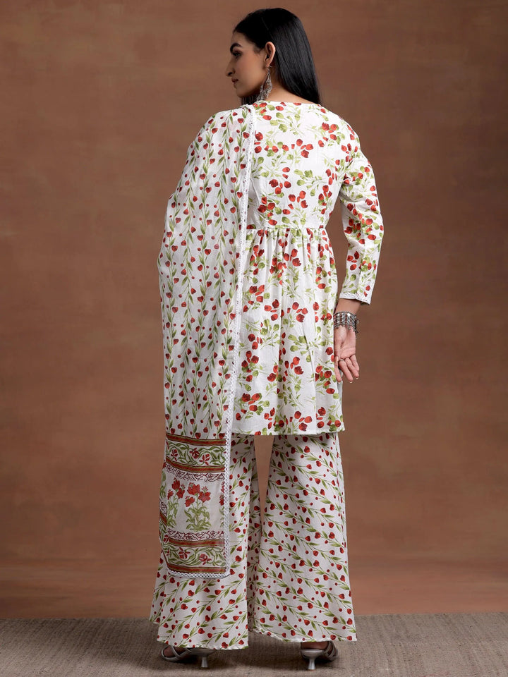 Off White Printed Cotton A-Line Kurta With Sharara & Dupatta - Libas