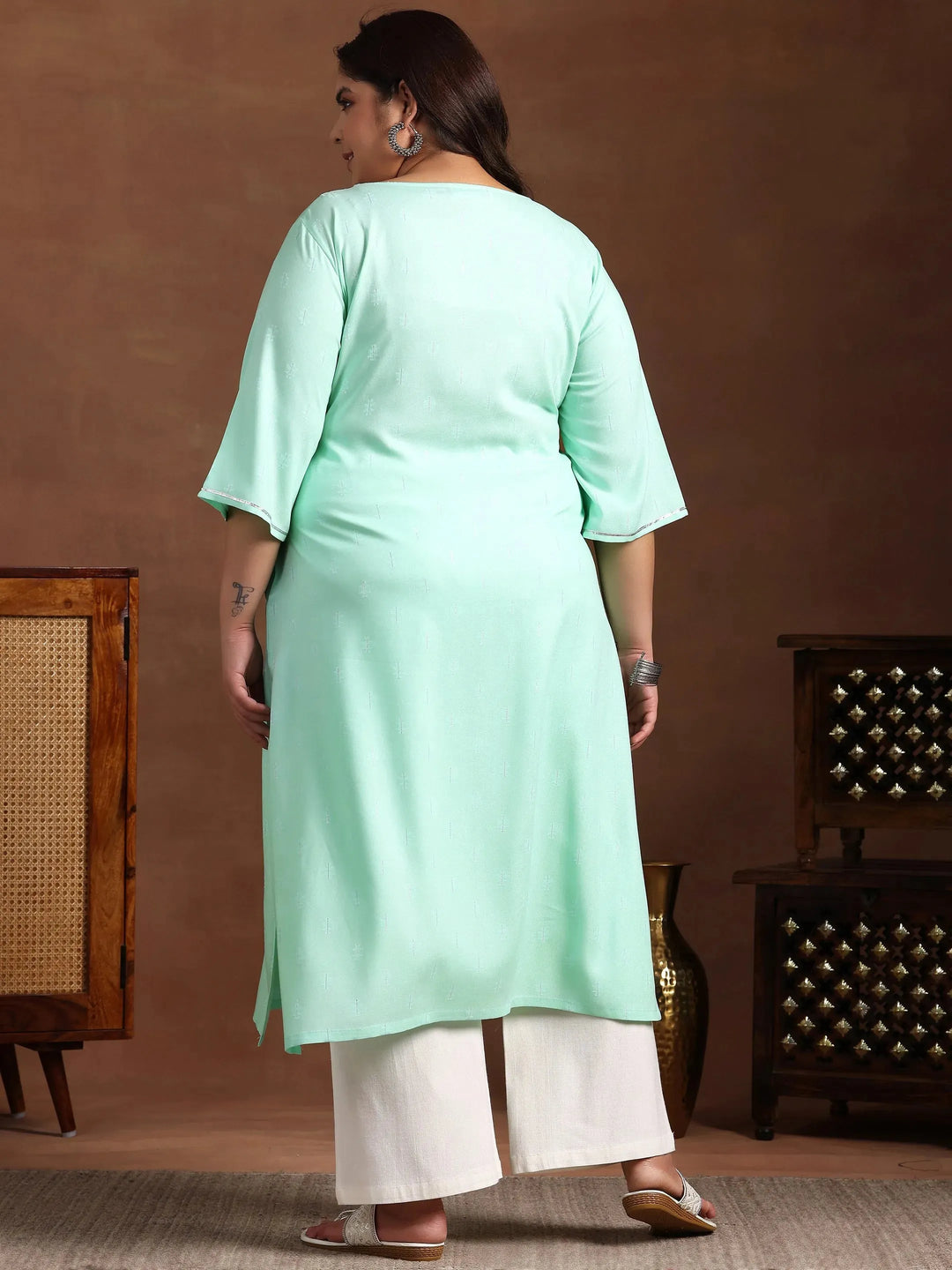  Plus Size Blue Yoke Design Rayon Straight Kurta 