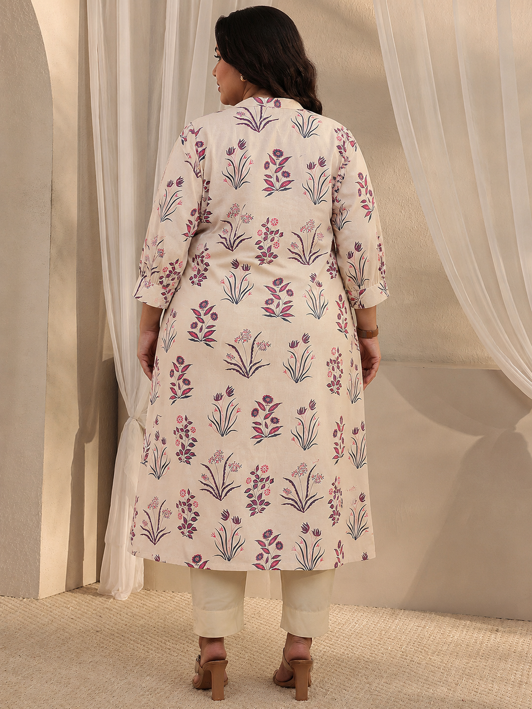  Plus Size Off White Floral Printed Cotton A-Line Kurta 