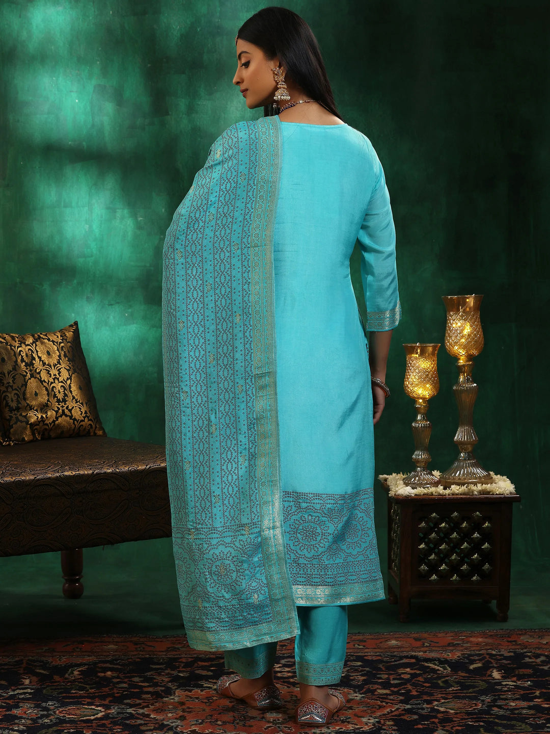  Turquoise Blue Woven Design Silk Blend Straight Suit With Dupatta 