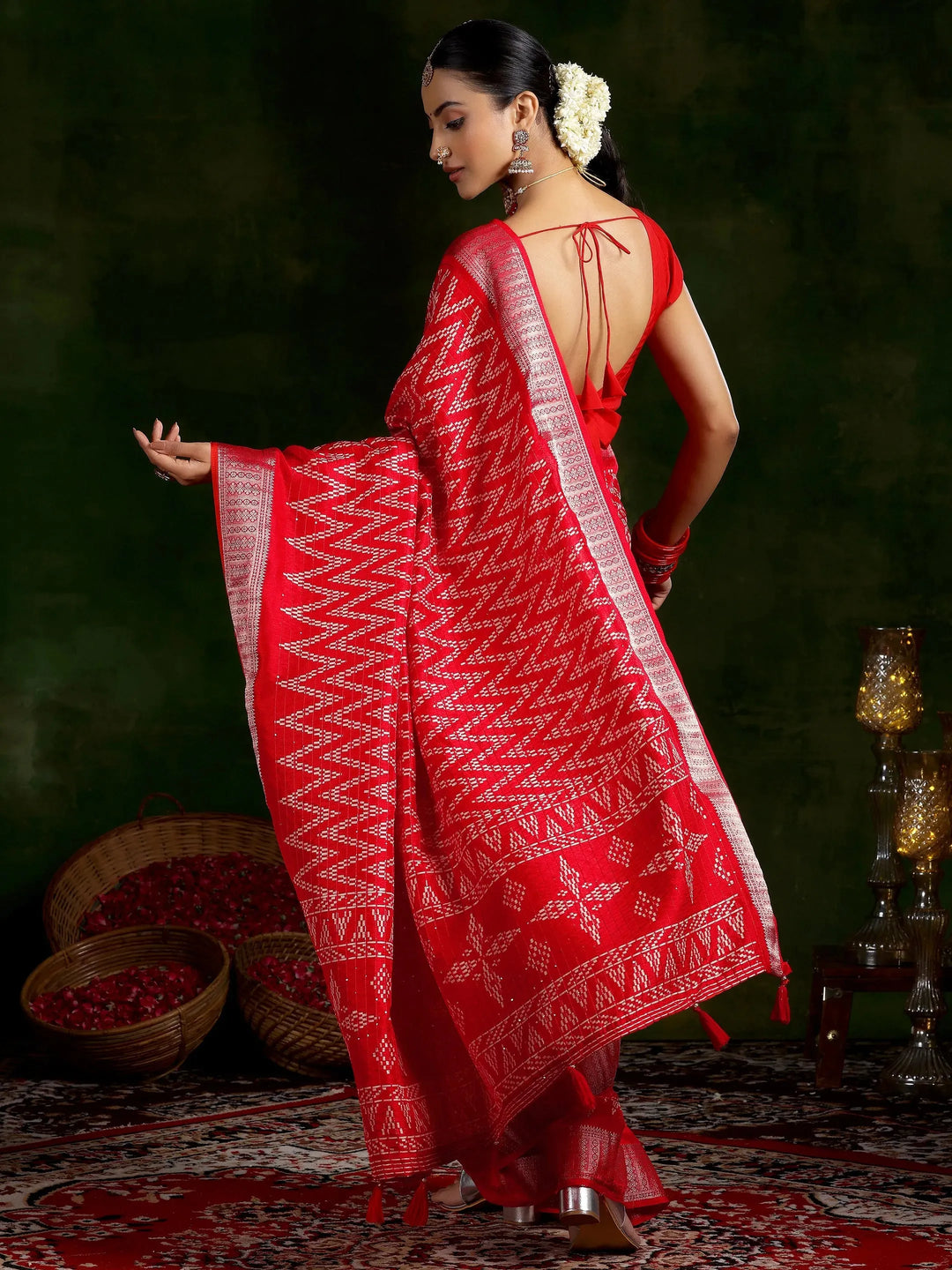  Red Printed Silk Blend Saree With Unstitched Blouse Piece 