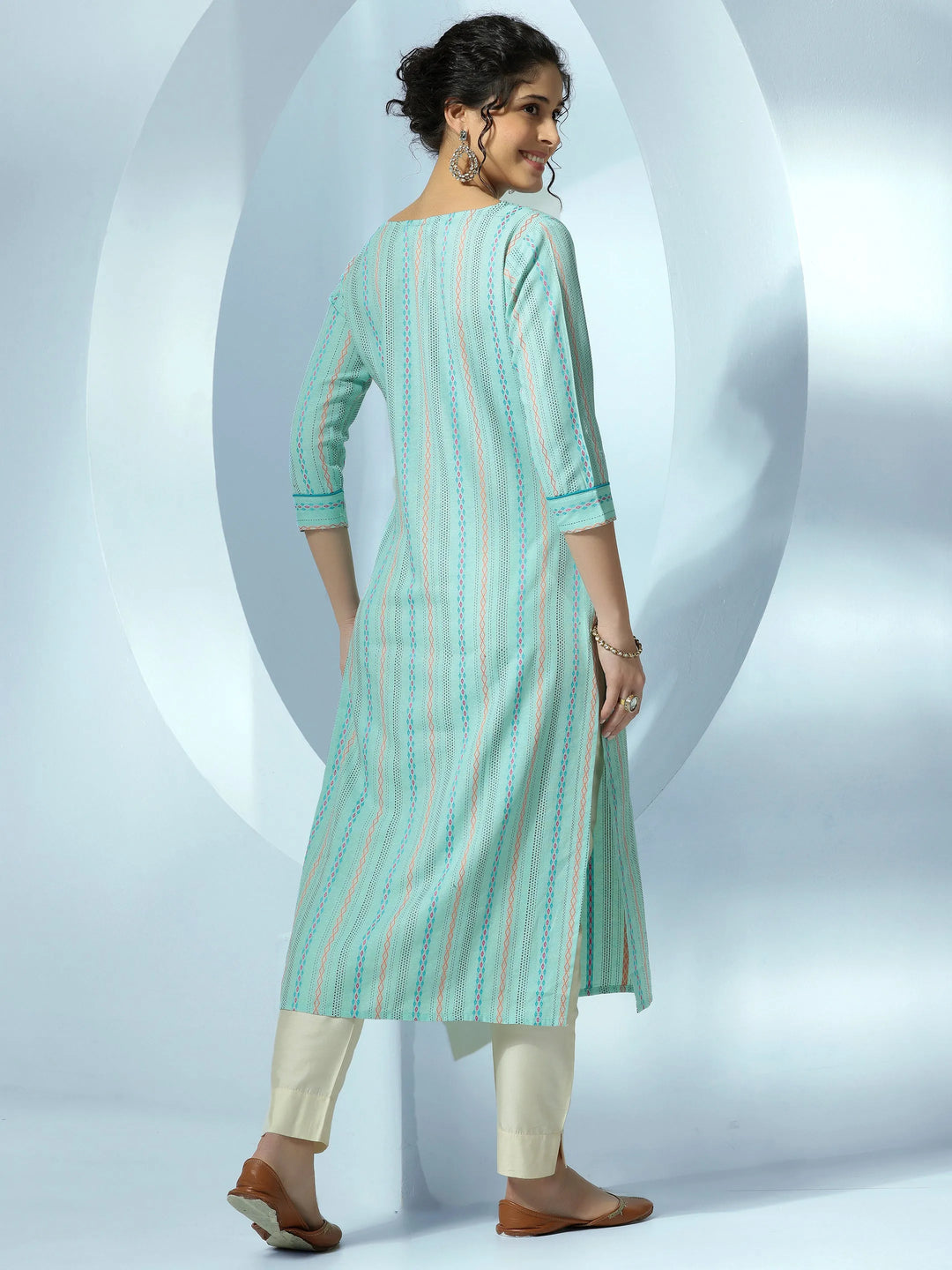  Sea Green Woven Design Cotton Straight Kurta 